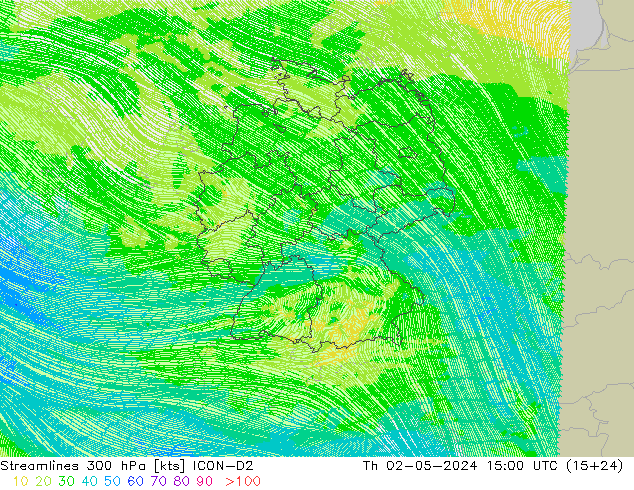 Linea di flusso 300 hPa ICON-D2 gio 02.05.2024 15 UTC