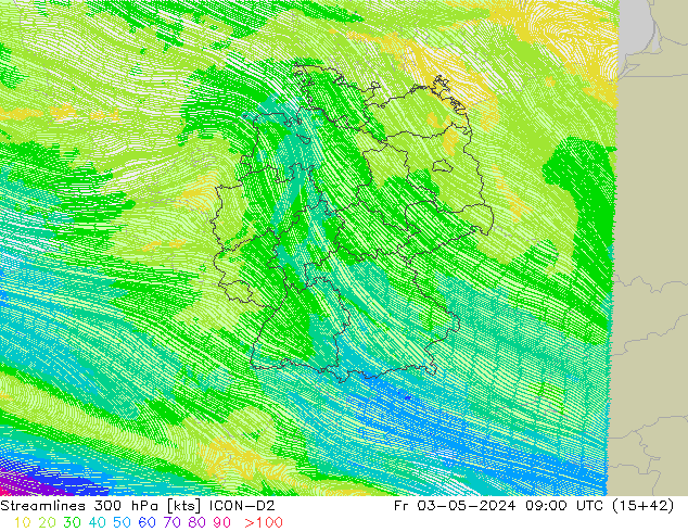 Streamlines 300 hPa ICON-D2 Fr 03.05.2024 09 UTC