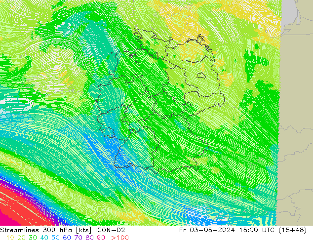 Línea de corriente 300 hPa ICON-D2 vie 03.05.2024 15 UTC