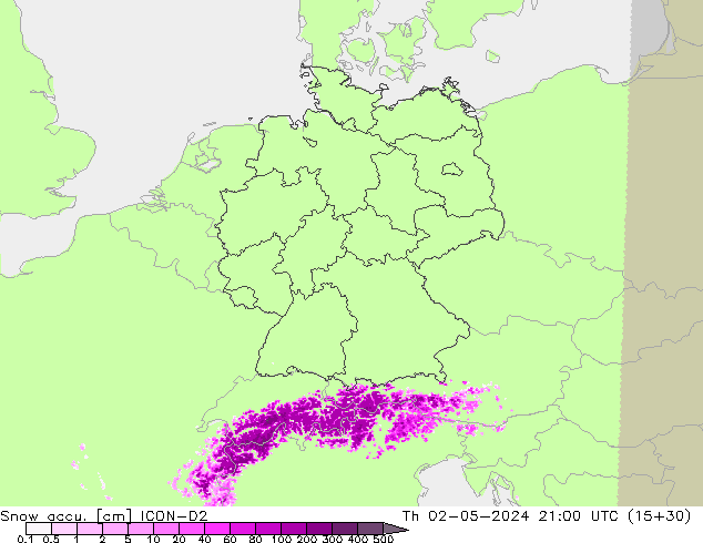 Totale sneeuw ICON-D2 do 02.05.2024 21 UTC