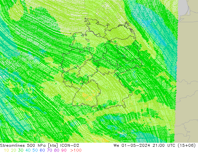 Linea di flusso 500 hPa ICON-D2 mer 01.05.2024 21 UTC