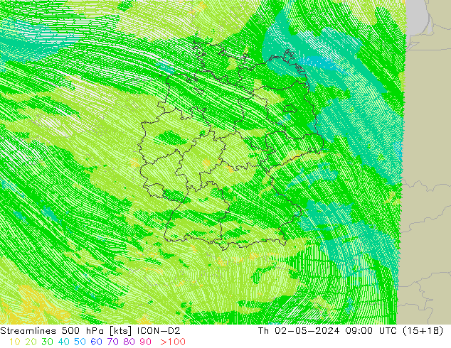 ветер 500 гПа ICON-D2 чт 02.05.2024 09 UTC