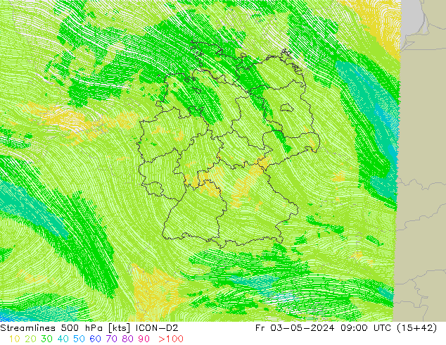 Línea de corriente 500 hPa ICON-D2 vie 03.05.2024 09 UTC