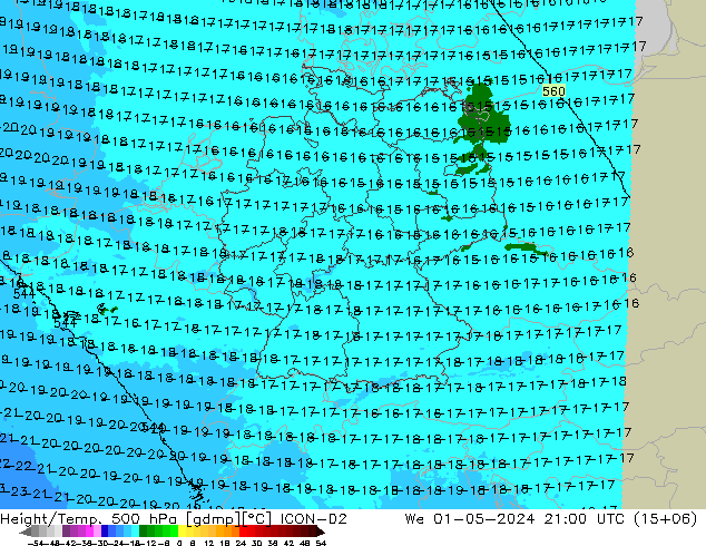 Height/Temp. 500 hPa ICON-D2 mer 01.05.2024 21 UTC