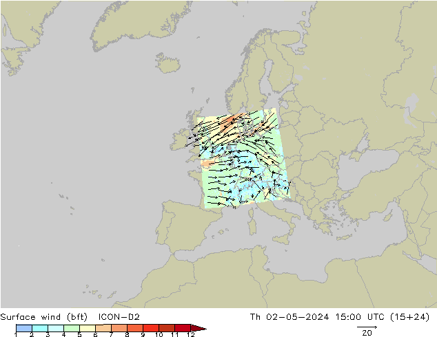 Wind 10 m (bft) ICON-D2 do 02.05.2024 15 UTC