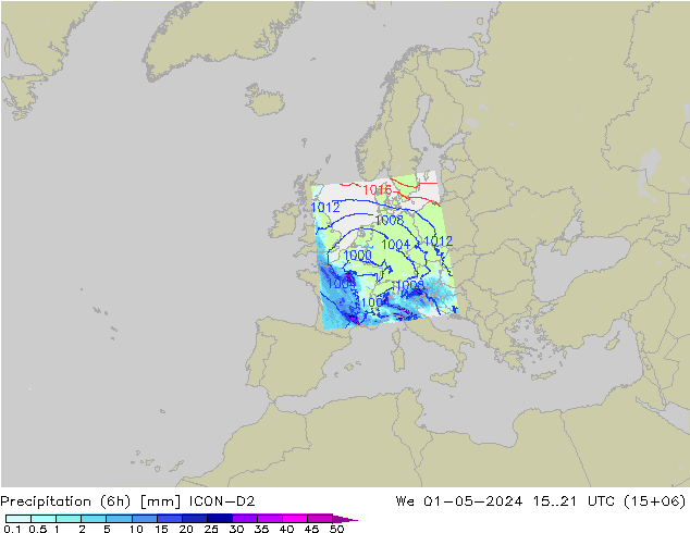 Precipitation (6h) ICON-D2 St 01.05.2024 21 UTC