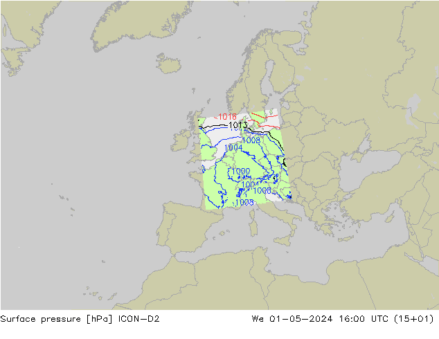 Surface pressure ICON-D2 We 01.05.2024 16 UTC