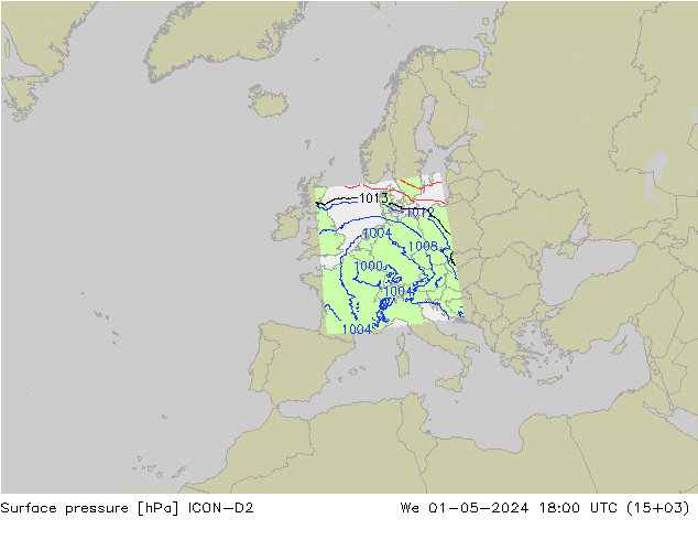 Presión superficial ICON-D2 mié 01.05.2024 18 UTC