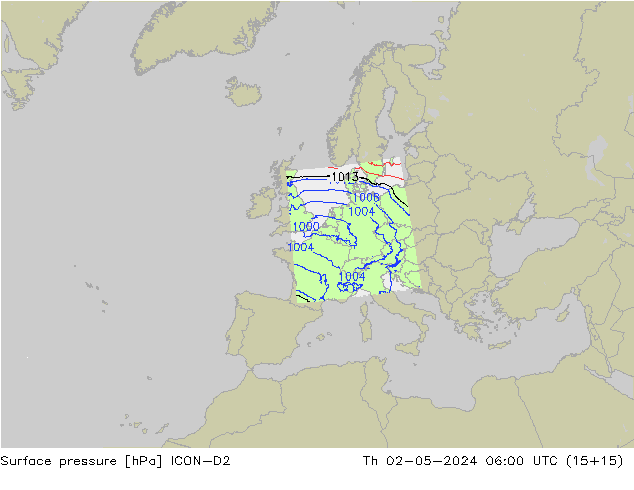 Surface pressure ICON-D2 Th 02.05.2024 06 UTC