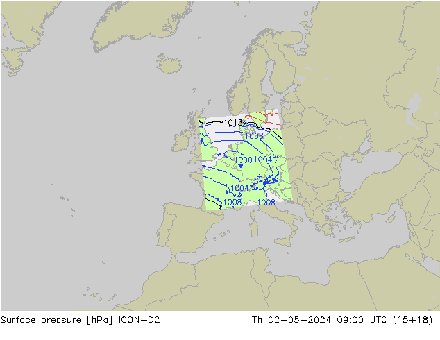 Pressione al suolo ICON-D2 gio 02.05.2024 09 UTC