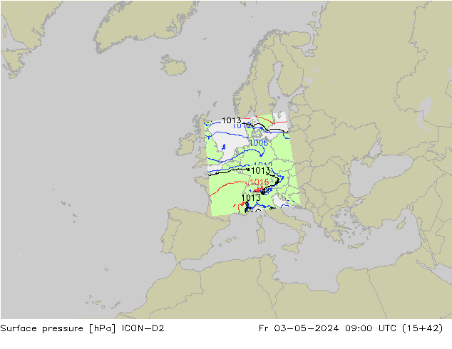 Presión superficial ICON-D2 vie 03.05.2024 09 UTC