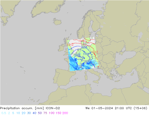 Precipitation accum. ICON-D2 mer 01.05.2024 21 UTC