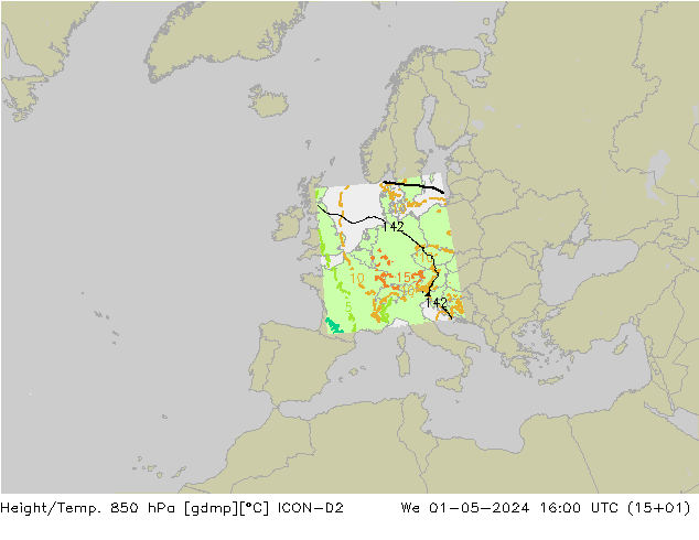 Géop./Temp. 850 hPa ICON-D2 mer 01.05.2024 16 UTC