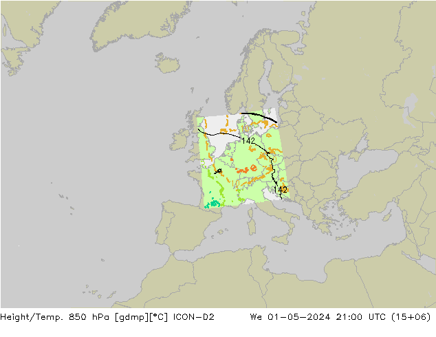 Height/Temp. 850 hPa ICON-D2 We 01.05.2024 21 UTC