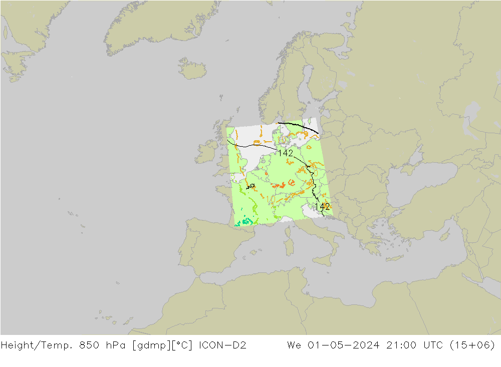 Height/Temp. 850 hPa ICON-D2 We 01.05.2024 21 UTC