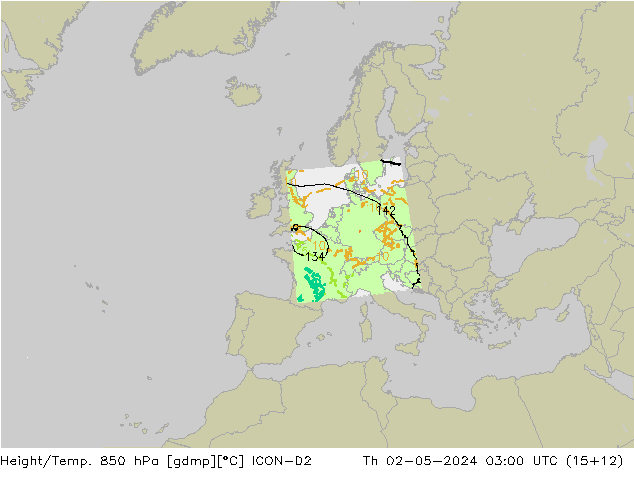 Height/Temp. 850 hPa ICON-D2 Do 02.05.2024 03 UTC