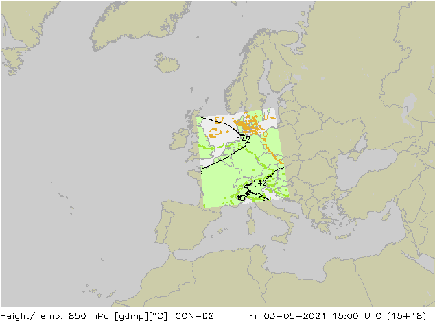 Height/Temp. 850 hPa ICON-D2 Fr 03.05.2024 15 UTC