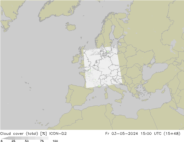 Cloud cover (total) ICON-D2 Fr 03.05.2024 15 UTC