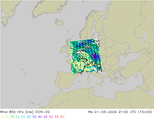 Wind 850 hPa ICON-D2 Mi 01.05.2024 21 UTC