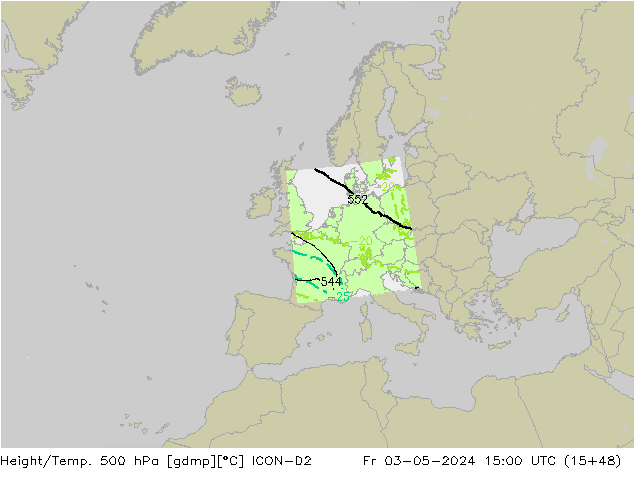 Hoogte/Temp. 500 hPa ICON-D2 vr 03.05.2024 15 UTC