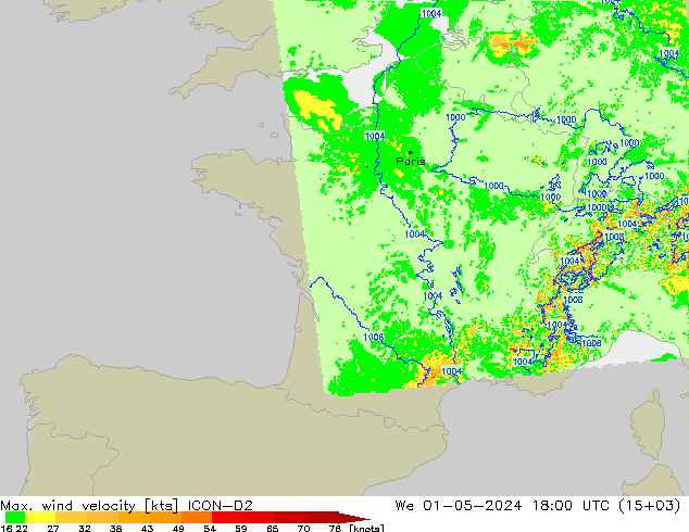 Max. wind velocity ICON-D2 śro. 01.05.2024 18 UTC