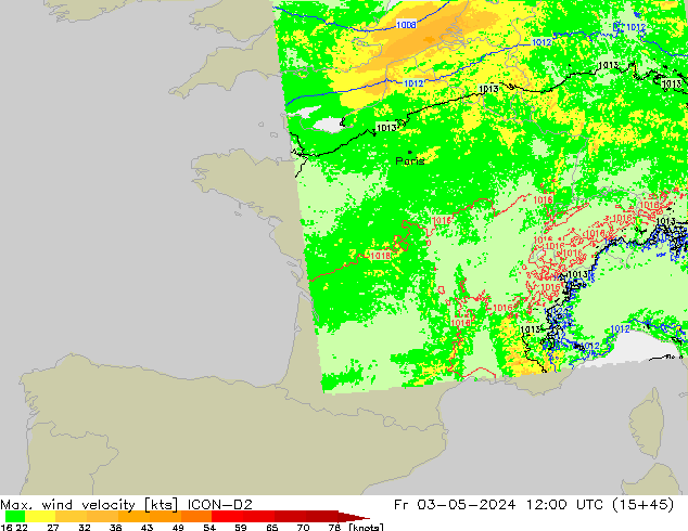 Max. wind velocity ICON-D2  03.05.2024 12 UTC