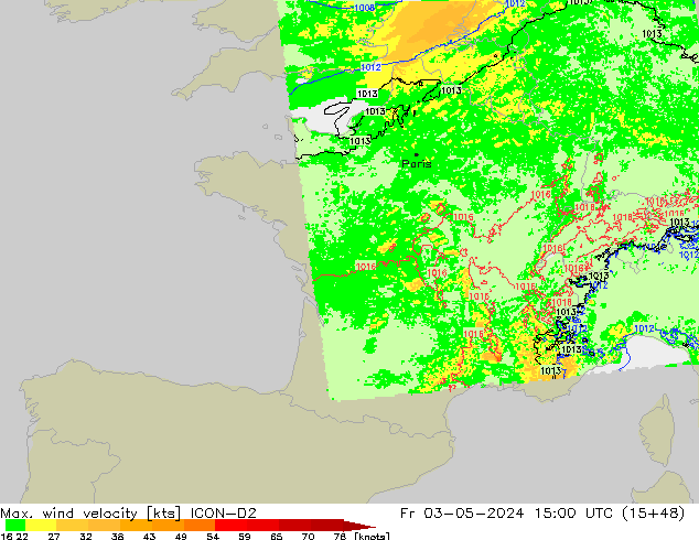 Max. wind velocity ICON-D2 Fr 03.05.2024 15 UTC