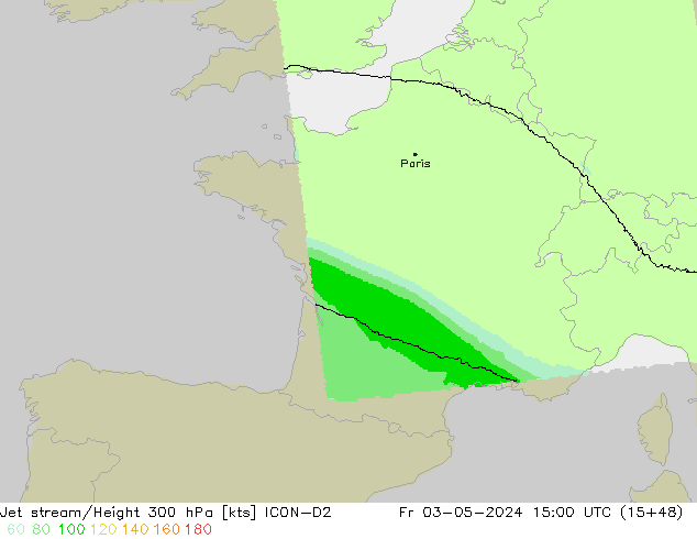 Corriente en chorro ICON-D2 vie 03.05.2024 15 UTC