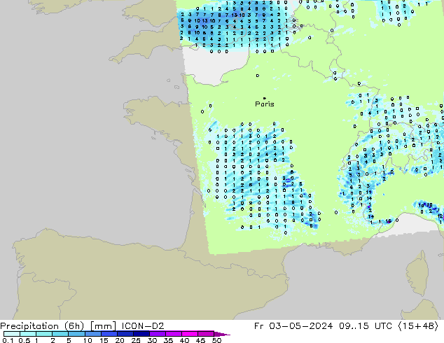 Yağış (6h) ICON-D2 Cu 03.05.2024 15 UTC