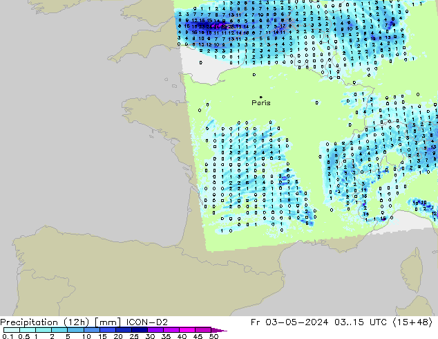 Precipitazione (12h) ICON-D2 ven 03.05.2024 15 UTC