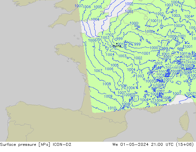 Surface pressure ICON-D2 We 01.05.2024 21 UTC