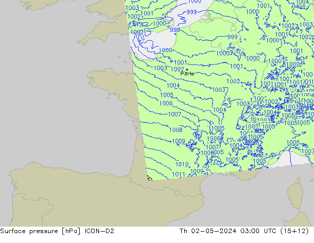 Surface pressure ICON-D2 Th 02.05.2024 03 UTC