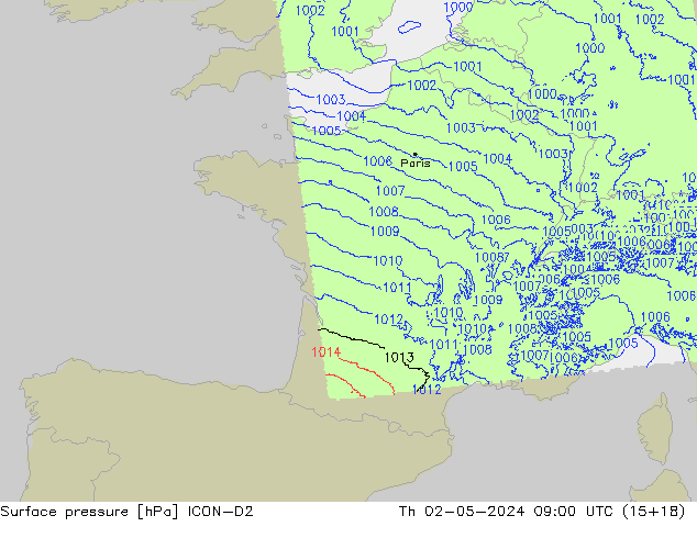 Presión superficial ICON-D2 jue 02.05.2024 09 UTC