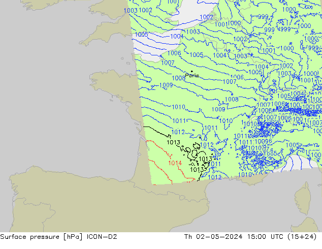 pressão do solo ICON-D2 Qui 02.05.2024 15 UTC