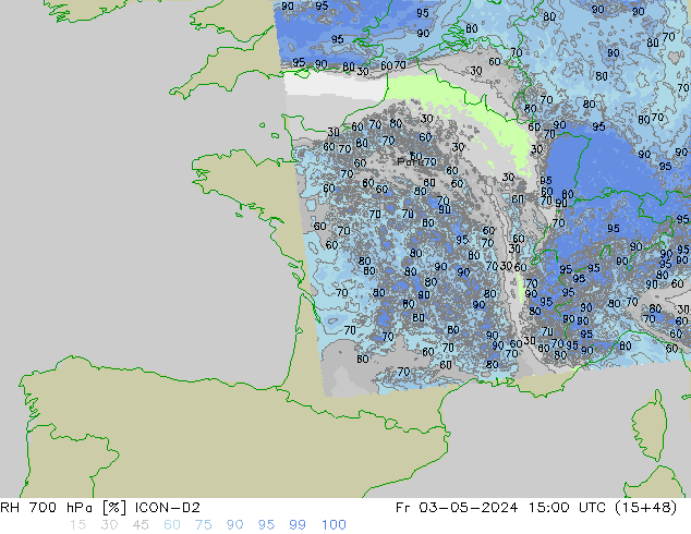 RH 700 hPa ICON-D2 Fr 03.05.2024 15 UTC