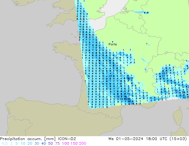 Totale neerslag ICON-D2 wo 01.05.2024 18 UTC