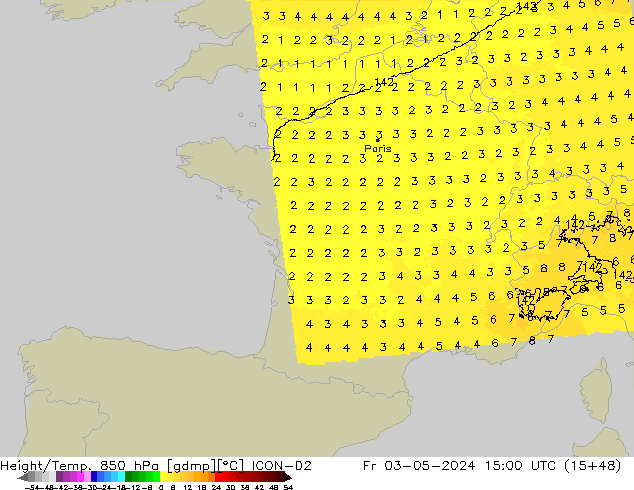 Height/Temp. 850 hPa ICON-D2 Fr 03.05.2024 15 UTC