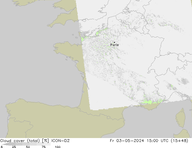 Cloud cover (total) ICON-D2 Fr 03.05.2024 15 UTC