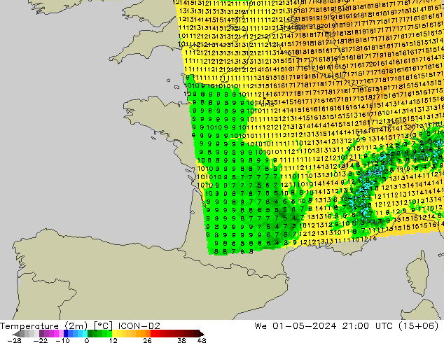 température (2m) ICON-D2 mer 01.05.2024 21 UTC