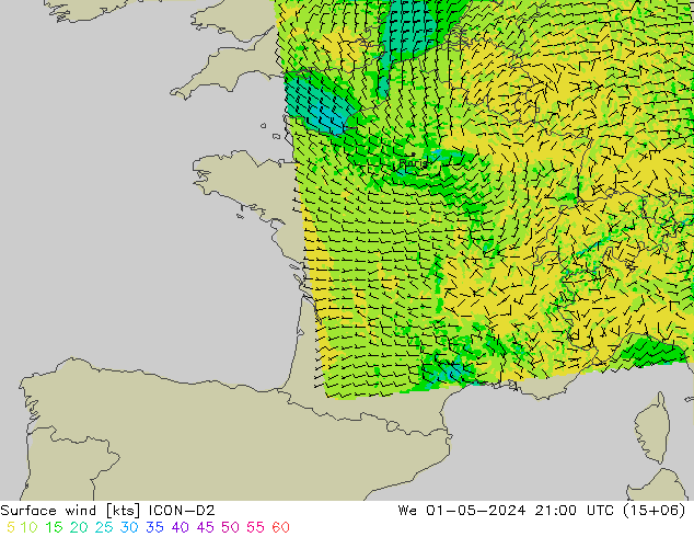 Surface wind ICON-D2 We 01.05.2024 21 UTC