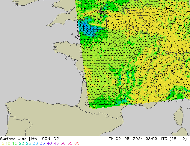 Vent 10 m ICON-D2 jeu 02.05.2024 03 UTC