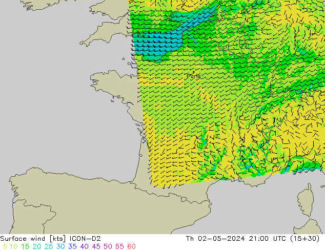 Surface wind ICON-D2 Th 02.05.2024 21 UTC