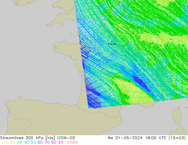 Stromlinien 300 hPa ICON-D2 Mi 01.05.2024 18 UTC