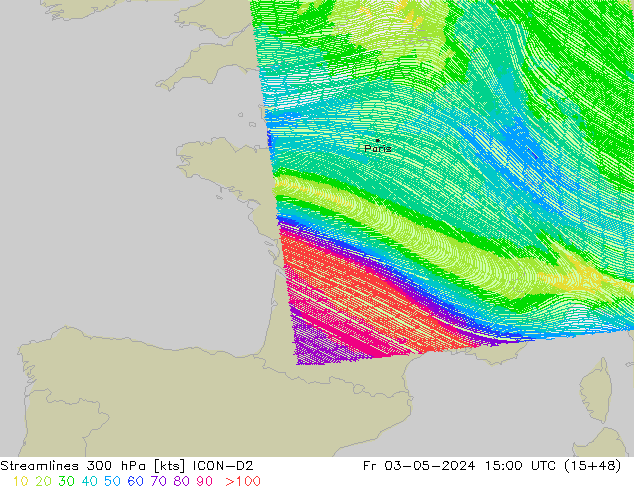 Línea de corriente 300 hPa ICON-D2 vie 03.05.2024 15 UTC