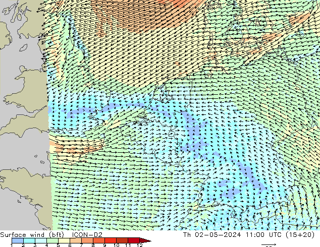 ве�Bе�@ 10 m (bft) ICON-D2 чт 02.05.2024 11 UTC
