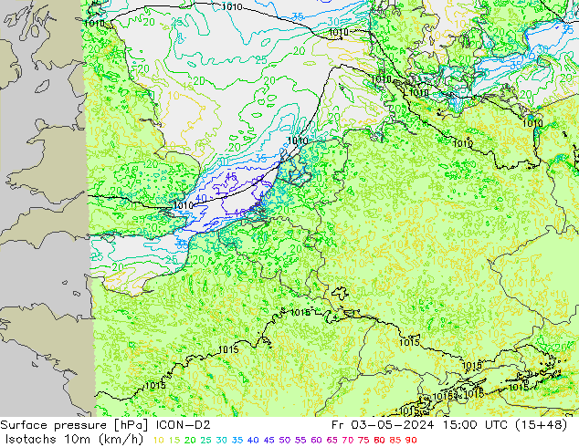 Eşrüzgar Hızları (km/sa) ICON-D2 Cu 03.05.2024 15 UTC