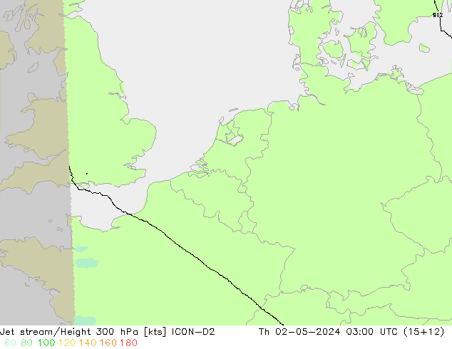 Jet stream ICON-D2 Qui 02.05.2024 03 UTC