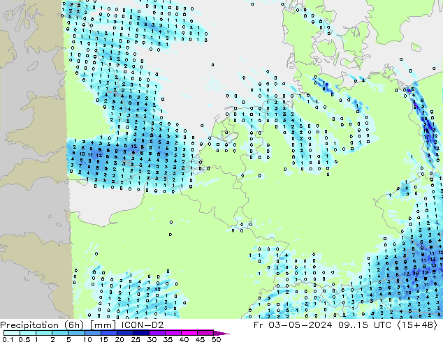 Precipitazione (6h) ICON-D2 ven 03.05.2024 15 UTC