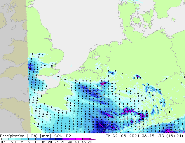 осадки (12h) ICON-D2 чт 02.05.2024 15 UTC