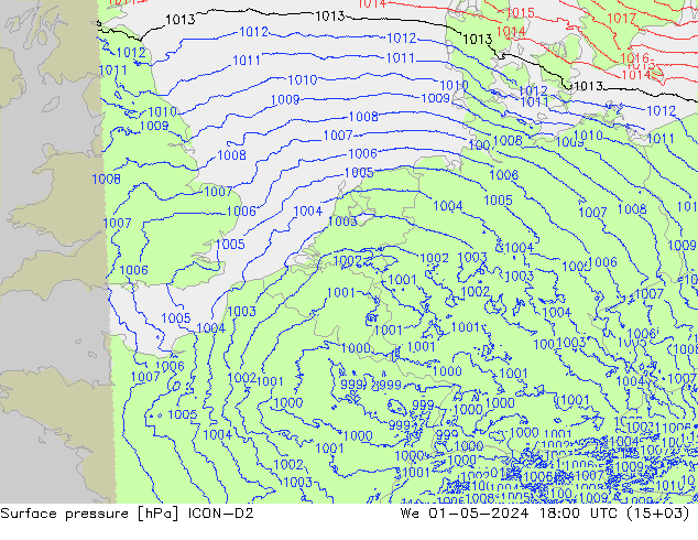 Surface pressure ICON-D2 We 01.05.2024 18 UTC